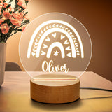 Custom Name Rainbow Night Light with Oliver, acrylic nursery decor lamp, wooden base and warm light.
