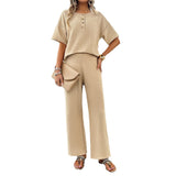 Women's Casual Solid Color Knitted Short Sleeve Pants Set