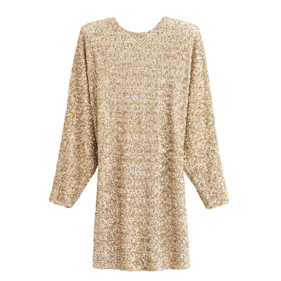 Women Round Neck Long Sleeved Backless Sequined Short Skirt Dress