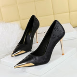 Women's Chinese Style Shallow Mouth Metal Pointed Satin High Heels