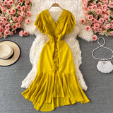 Women New French V-Neck Flying-Sleeve Fishtail Bag Hip Ruffled Dress