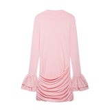 Women Round Neck Flared Sleeves Pleated Short Skirt Dress