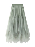 Women Irregular Mesh Pleated Spliced A-line Fairy Puffy Long Skirts