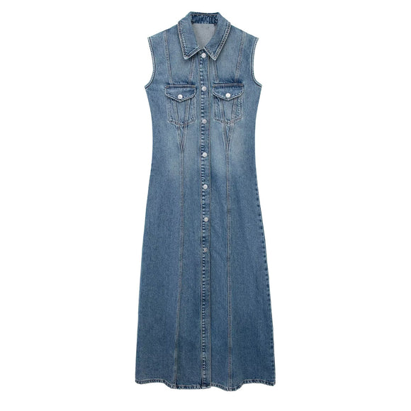 Women's Sleeveless Denim Medium Length Dress