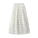 Women Slim Mid Length Multi Layer Stitching Cake Solid Color Skirt