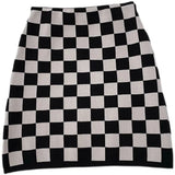 Women Checkerboard Plaid Knitted Hip High Waist Thin A-Line Mini Skirt