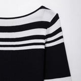 Women's Round Neck Black White Striped Backless Dress