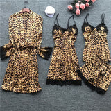 Women's Short Long Sleeve Ice Silk Leopard Pattern Pajama Sets