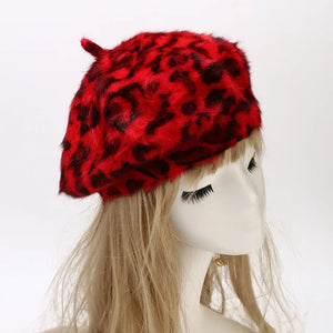 Women's All Seasons Leopard Print Rabbit Fur Buckle Beret Hat