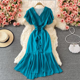 Women New French V-Neck Flying-Sleeve Fishtail Bag Hip Ruffled Dress