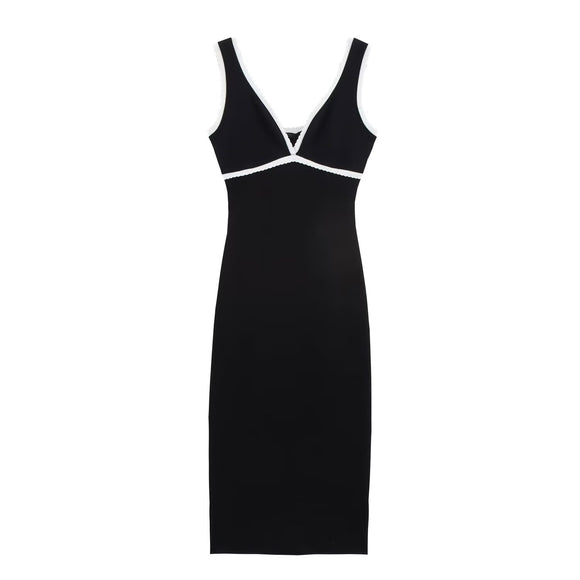 Women Black White Stripe V-neck Sleeveless Contrasting Camisole Dress
