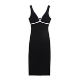 Women Black White Stripe V-neck Sleeveless Contrasting Camisole Dress