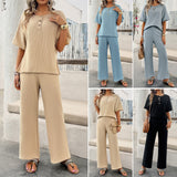 Women's Casual Solid Color Knitted Short Sleeve Pants Set