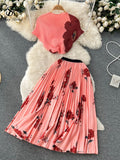 Women Print Two Piece O Neck Short Top Hight Waist Pleated Skirt Set