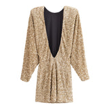 Women Round Neck Long Sleeved Backless Sequined Short Skirt Dress