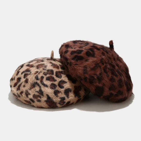 Women's All Seasons Leopard Print Rabbit Fur Buckle Beret Hat