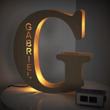 Personalized wooden letter G night light with engraved name GABRIEL, warm glow, 19CM, custom name lamp.