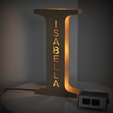 Personalized "I" wooden night light with engraved name ISABELLA, warm glow, 19CM, custom name lamp