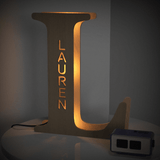 Personalized wooden letter 'L' night light with LAUREN engraved, custom name lamp, warm glow, 19CM
