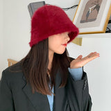 Women's Solid Color Faux Rabbit Fur Cap Retro Knitted Wool Basin Bucket Hat