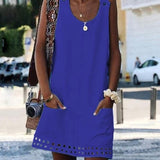 Women O-neck Button Solid sleeveless Pockets A-line Mini Dress