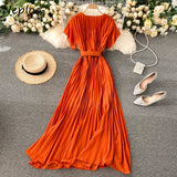 Women Neploe Slim Fit Long Chiffon Pleated Solid Color Elegant V-neck Drawstring New French Style Dress