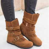 Buckled Calf Women's Boots Warm Zipper Plain Flat Shoes Large Size