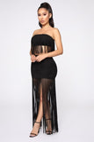 Women Fringe Tassel Strapless Top Skirt Two Piece Set Hollow Out Outfit Elastic