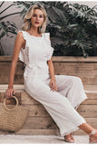 Women's Cotton Linen Ruffled Embroidery Jumpsuit Hollow Out Sashes