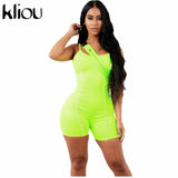 Women Strapless Neon Color Skinny Bodysuit Reflective Striped Backless