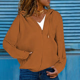 Women Solid Loose Pocket Zipper Hooded Long Sleeve Simple Sweater