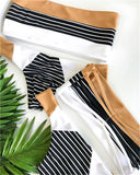 Women Swimsuit Nylon Stripe Printing Split Triangle Bikini Set