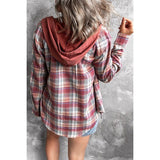 Women Hooded Plaid Turn Down Collar Long Sleeve Buttons Top Coat