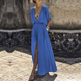 Women Loose Pockets Maxi Bohemian Deep V-Neck Long Short Batwing Sleeve Split Dress