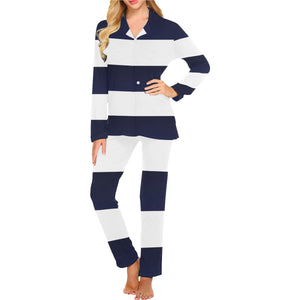 Blue White Stripes Women's Long Pajama Set (Sets 02)