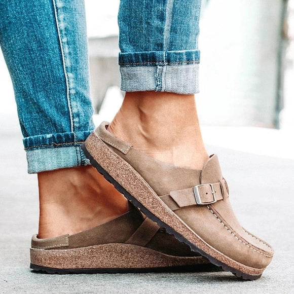 Women PU Slippers Solid Buckle Flats Shoes Slip-On Sandals