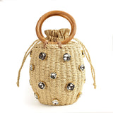 Handmade Rhinestone Crystal Embellished Straw Bucket Lady Travel Purses Handbags