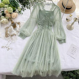 Women Slim V-Neck Mesh Hollow Out Lace High Waist Two-Piece Dress