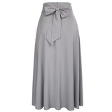 Retro Gray Plus Size High Waist Pleated Belted Maxi Women's Vintage Long Skirt