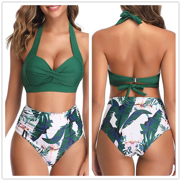 Women's High Waist Florial Print Tankini Halter Bikini Set Swimwear Bathing Suit Plus Sizes
