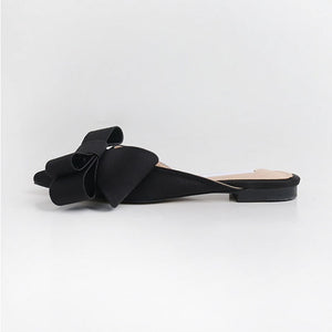 MEIFEINI Women's Korean Silk Satin Pointed Bow Tie Baotou Flat Heel Semi Slippers
