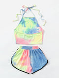 Women Tie-Dye Gradient Halter Crop Top Shorts Two Piece Outfit Set