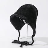 Women Plush Velvet Soft Rear Split Tether Wild Foldable Basin Cap Dome Bucket Beanie Hat