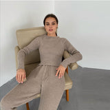 Women Cryptographic Knitted Top Pant Two Piece Loungewear Matching Set