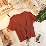 Women O-Neck Knitted Short Sleeve Solid Lace Up Cropped Elastic Top