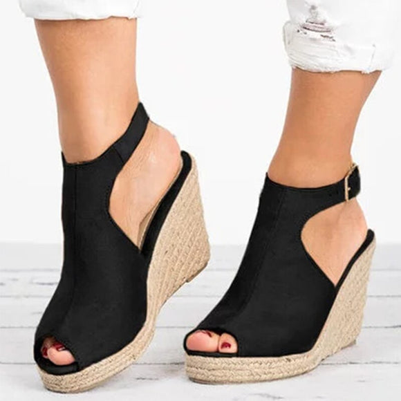 Women Suede Open Toe Cork Wedge Platform Buckle Ankle Strap High Heels Sandals