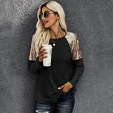 Women Sequin Stitching Round Neck Long Sleeve Solid Slim Top