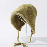 Women Plush Velvet Soft Rear Split Tether Wild Foldable Basin Cap Dome Bucket Beanie Hat