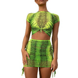 Print Snake Skin Beach Cover Ups Women Mesh See Through Tops+A line Skirts
