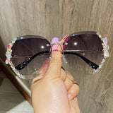 Women's Vintage Rimless Rhinestone Sunglasses Retro Cutting Lens Eyewear UV400